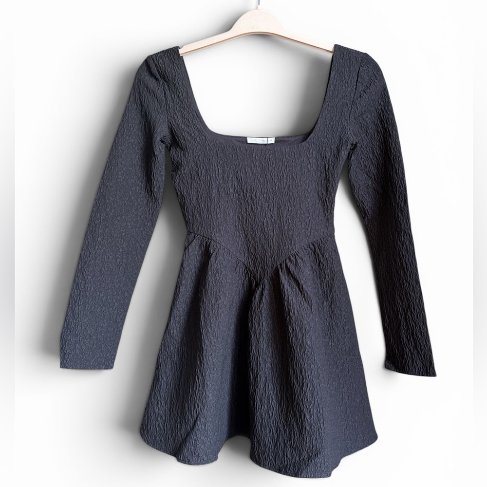 Zara Textured Square Neck Long Sleeve Mini Dress Charcoal Babydoll